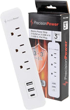 Precision Power Flat Plug Surge Protector Extension with 3 feet Cord – Compact Heavy Duty Power Strip & Flat Plug with 3 AC Outlets, 3 USB Ports for Home and Office