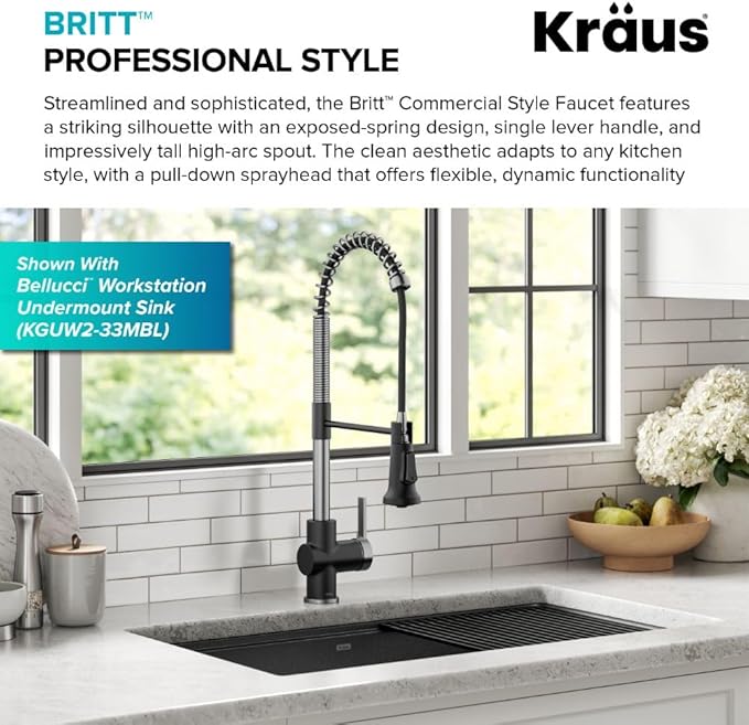 KRAUS Britt Commercial Style Single Handle Pull Down Kitchen Faucet in Spot-Free Stainless Steel/Matte Black, KPF-1691SFSMB