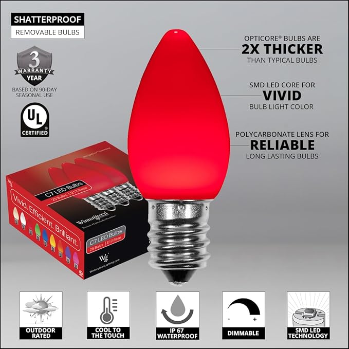 Wintergreen Lighting 25 Pack OptiCore C7 LED Christmas Light Bulbs - Replacement LED Christmas Lights Heavy Duty Premium Outdoor Christmas Lights, E12 Base (Red Smooth)