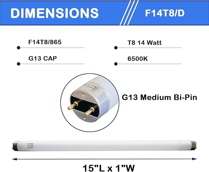 Valoisa (4PACK F14T8/D 14W 15" T8 6500K Linear Fluorescent Tube Light Bulb, 14 Watts, G13 Base, 14 3/4" MOL, 1" Dia, Daylight