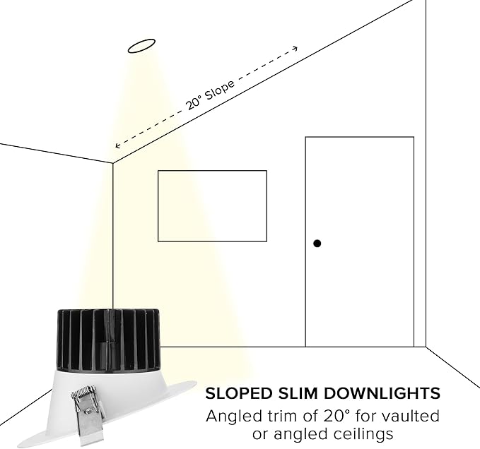Maxxima 6" Canless Sloped Recessed Anti-Glare LED Downlight, For Sloped Ceilings, 1800 Lumens, IC Rated, 5 Color Temperature Selectable 2700K/3000K/3500K/4000K/5000K, Dimmable, Round White Trim 90 CRI