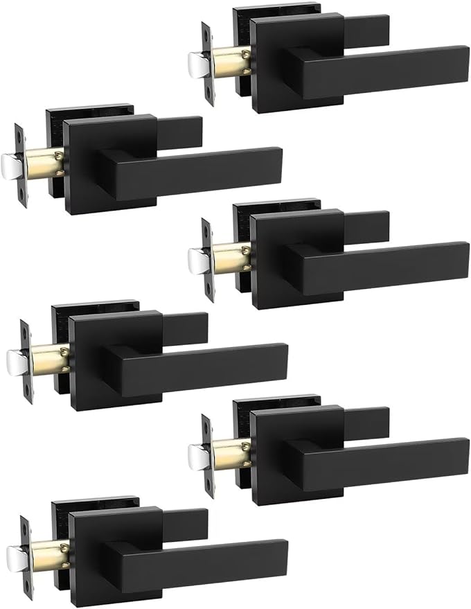 6 Pack Square Black Door Handles Interior, No Lock Passage Door Lever for Left or Right Handing, Heavy Duty Matte Black Closet Door Handle Sets