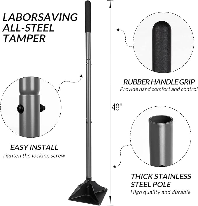 Walensee Steel Tamper 48 inch Steel Handle 10"x10" Garden Tamper with Rubber Grip for Laborsaving All-Steel Tamper Heavy Duty Ideal Tool for Leveling Ground Installing pavers and Repairing Blacktop