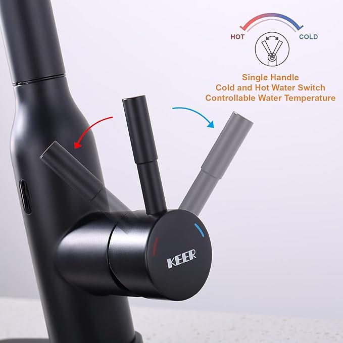 Black Touchless Kitchen Faucet ， KEER Smart Motion Sensor Hands Free Single Handle Spring Kitchen Sink Faucet with Pull Down Sprayer