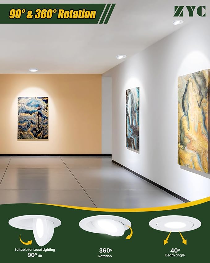 ZYC 4-inch Gimbal LED Recessed Lighting,5CCT 9W 800LM Directional Recessed Swivel Spotlight 360° Rotation Eyeball LED,Canless 4 Gimbal Adjustable Eyeball Soffit Pot Light,Pack of 10 White.