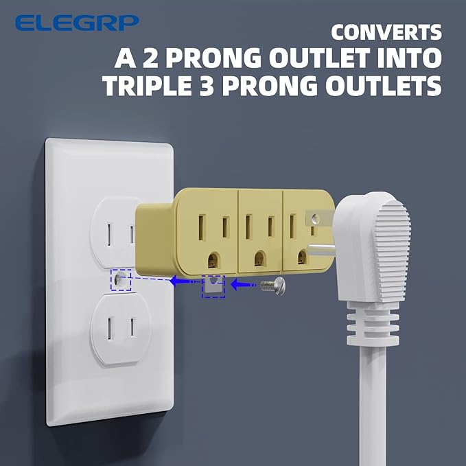 ELEGRP 2 to 3 Prong Grounded Triple Outlet Extender, 2-Prong to 3-Prong Adapter Converters for Wall Outlets, Portable Polarized Wall Plug Splitter with 3 AC Outlets, ETL Listed, 1 Pack