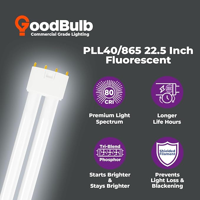 GoodBulb PLL40/865 40W 22.5" Twin Tube Compact Fluorescent Light Bulb 4-pin 2G11 Base 6500K Full Spectrum 2800 Lumen 36000 Hour Long Life Biax Pack of 10