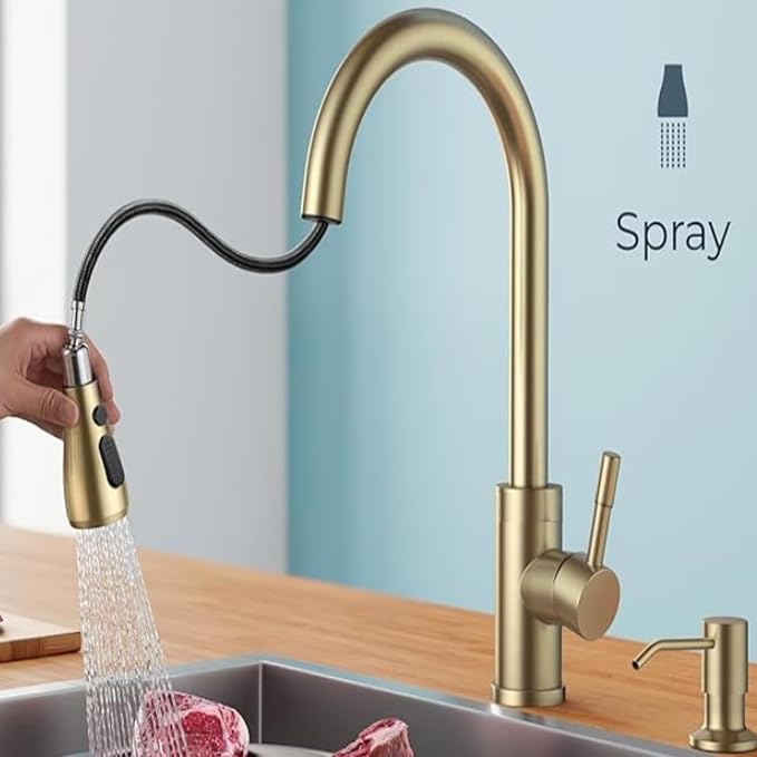 Smart Touch On Kitchen Faucet, 3 Modes Pull Down Sprayer, Sensor Activated, Ceramic Disc Valve, 360-Degree Rotation, 1 or 3 Hole Deck Plate. 10-Year Warranty. (KW-69J, Gold)