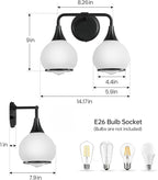 Black Bathroom Light Fixtures 2 Lights Vanity Lights with Milky White Frosted Glass Shade Bathroom Vanity Light 14 inch Wall Sconce Lighting Bath(Exclude E26 Bulb)