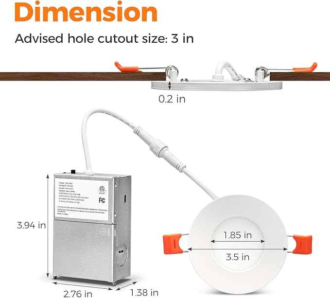 24 Pack 3 Inch Led Recessed Lights with Night Light, Canless Ultra Thin Wafer Soffit Recessed Lighting Downlight, Dimmable & 5 Color Temperature Selectable, 6W, ETL, White