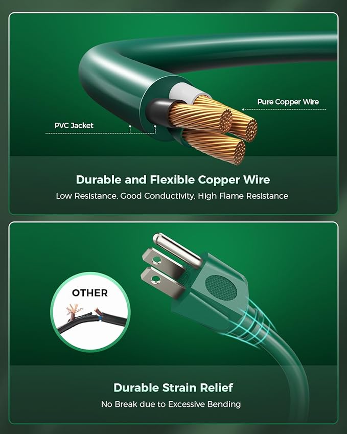 28Ft Outdoor Extension Cord, 1 to 3 Splitter Heavy Duty Weatherproof Power Cord, 16/3 SJTW, 3 Grounded Outlets Flat Plug for Patio, Garden, Halloween Displays, Christmas Lights, Green ﻿