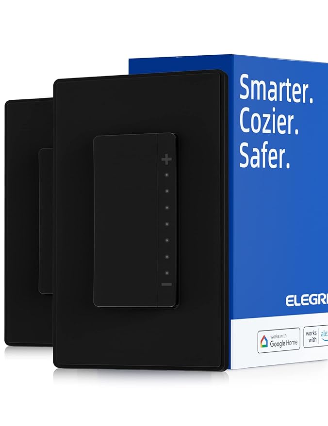 ELEGRP Single Pole Smart Dimmer Light Switch DPR10, 2.4GHz Wi-Fi Dimmer Switch Compatible with Alexa and Google Assistant, Needs Neutral Wire, No Hub Required, UL and FCC Listed, Black, 2 Pack