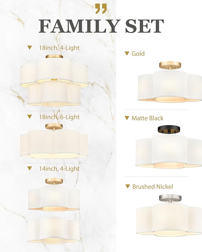 Gold Flush Mount Ceiling Light, 4-Light 14Inch Light Fixtures Ceiling Mount with Fabric Shade in Quatrefoil Shape, Brass Lighting for Nursery Hallway Bedroom Kitchen, AD-22007-4C-GD