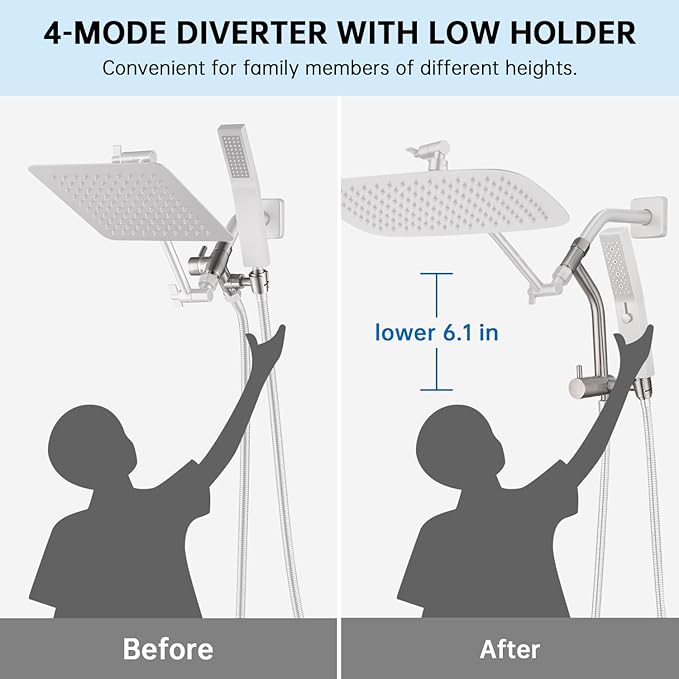 G-Promise All Metal 12 Inch Shower Head with Massage Mode Handheld, Rain Shower Head with Handheld Spray Combo, 3-Way Diverter with Pause Setting, 11 Inch Adjustable Extension Arm (Brushed Nickel)