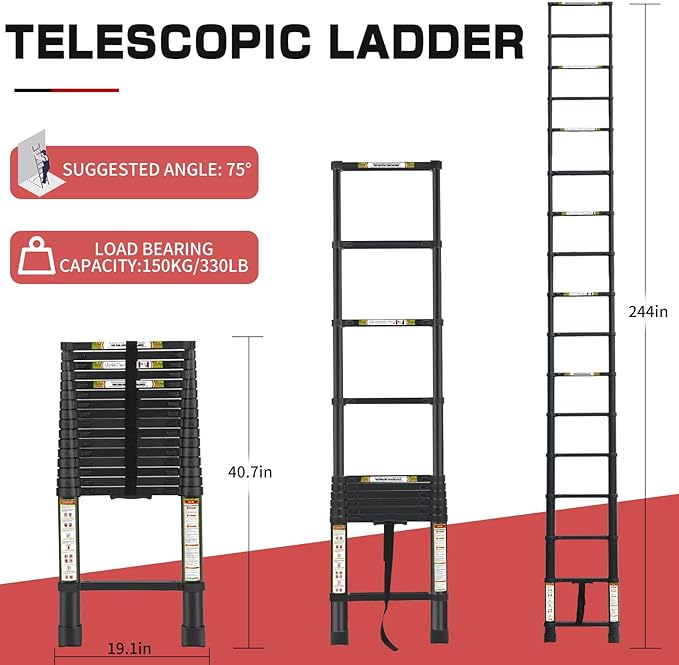 RIKADE Telescoping Ladder 20.3FT & Attic Ladder, Heavy Duty Aluminum with Non-Slip Feet, 330lb Capacity for RV, Attic, Loft & Multi-Surface Use