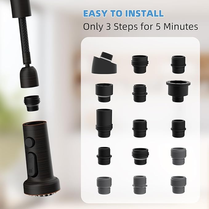 Hibbent Stainless Steels Pull Down Kitchen Faucet Head Replacement, 3 Function Sink Sprayer Head with 15 Adapters, Compatible with Moen, American Standard, Delta, Kohler Faucets, Oil-Rubbed Bronze