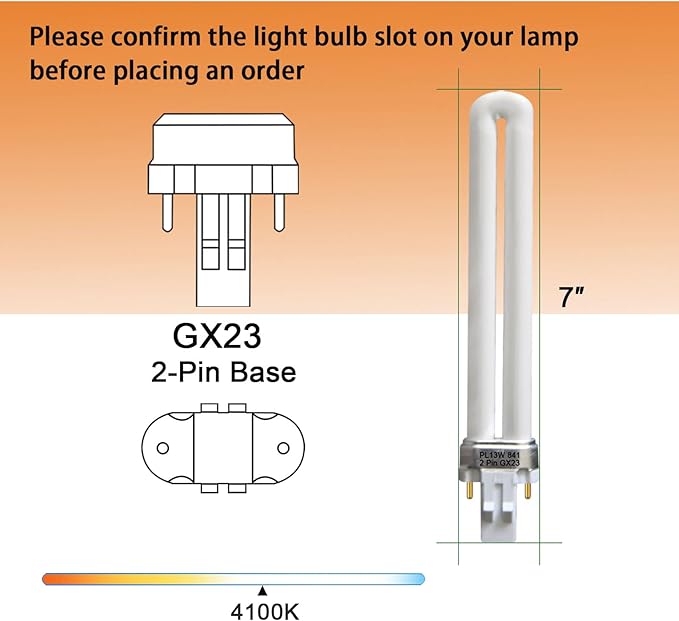 (6 Pack) 13 Watt Single Tube 2 Pin GX23 Base,PL-13W GX23 4100K Compact Fluorescent Light Bulb, Replaces Philips PLS13W41, Sylvania CF13DS/841/ECO,PL13/SP41K