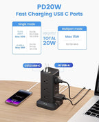 15-in-1 Power Strip Tower with Surge Protector 1800J, Fast Charging Tower PD20W USB-C Ports with 12 AC Outlets, 6ft Extension Cord for Home Office Dorm Room, Black