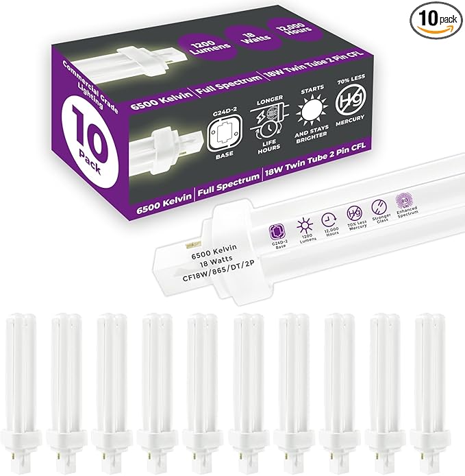 GoodBulb 18 Watt CFL Light Bulbs 2 Pin G24D-2 Base 6500K Full Spectrum 18W High Output 1200 Lumens Double Tube Compact Fluorescent Light Bulbs Plug-in 10 Pack