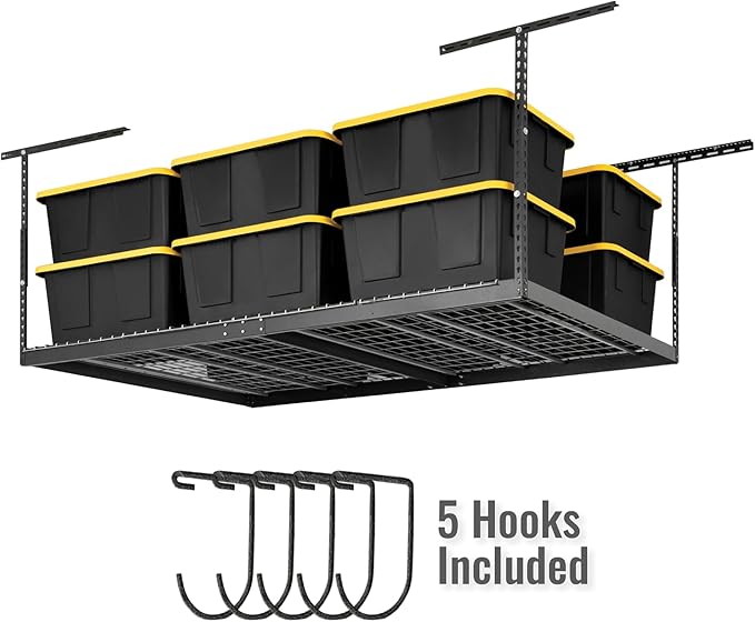 SafeRacks Overhead Garage Storage Rack - Heavy Duty Racks for Garage with 600 lb Capacity, Easy Storage, Adjustable Storage Rack, Ceiling Mount Storage 4x8 Hammertone (12"-24")