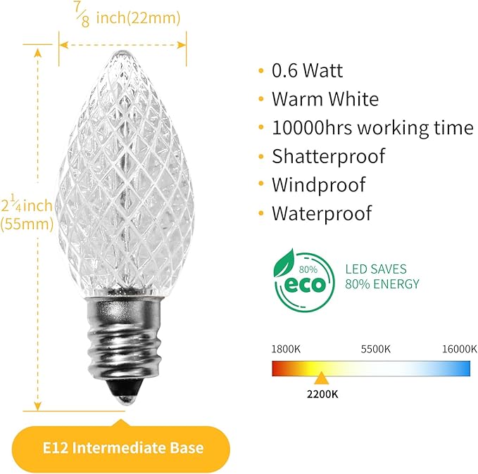 Meconard C7 Led Replacement Christmas Light Bulbs, C7 Shatterproof Led Bulbs for Christmas Indoor Outdoor String Lights, E12 Candelabra Base, Commercial Grade Holiday Bulbs, Warm White, 50 Pack