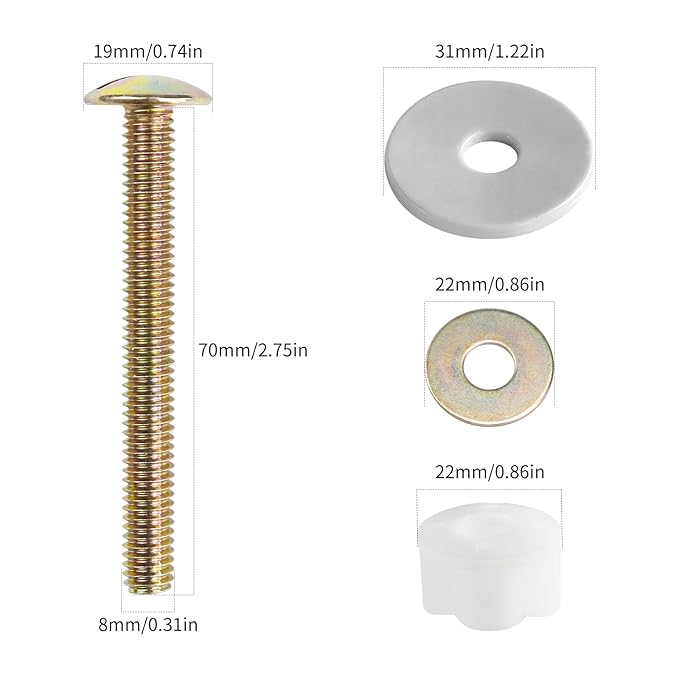 Toilet Screws Replacement Kit, Heavy Duty Toilet Seat Fastener with Plastic Nut and Metal and Rubber Washers, Universal Toilet Bolt and Screw Set for Top Mount Toilet Lid Hinge (MFL18)