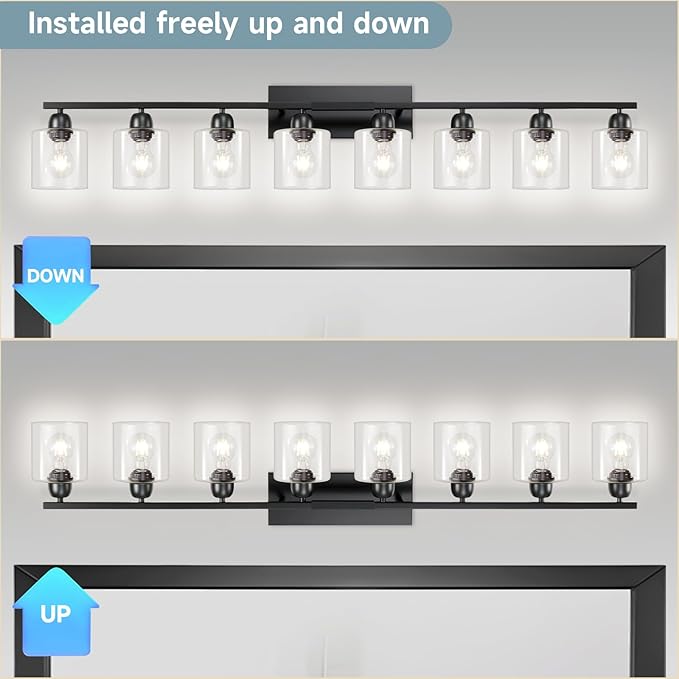Modern 8 Light 52 inch Vanity Lights for Bathroom with Clear Glass, Black Bathroom Light Fixture for Mirror Kitchen Living Room Hallway Cabinet Porch