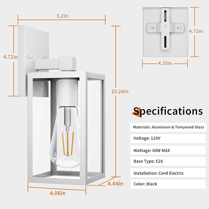 2 Pack White Exterior Lighting Fixtures Wall Mount, Outside Front Porch Lights for House, Outdoor Lantern Lamp, Waterproof Wall Sconce Lights, Coach Light for Garage Entryway