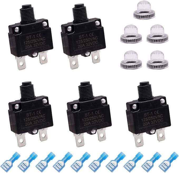 mxuteuk 5Pcs 20Amp Circuit Breakers Push Button Manual Reset 125/250V AC 32V DC,Overload Protector Switch Thermal Circuit Breakers with Quick Connect Terminals and Waterproof Button Caps ST1-5-20A