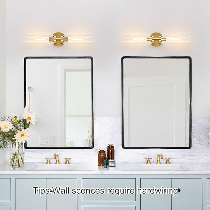 Wall Sconces Set of Two, Hardwired Brushed Gold Bathroom Sconces Wall Lighting with Clear Glass, Modern Sconces Wall Decor Set of 2 Bathroom Light fixtures for Mirror Hallway (Bulbs Not Included)