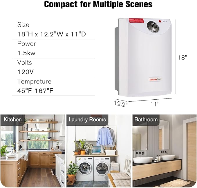 Thermoflow Electric Mini Tank Water Heater, 2.5 Gallon 120V Corded Under Sink Small Hot Water Heater for Point of Use Instant Hot Water