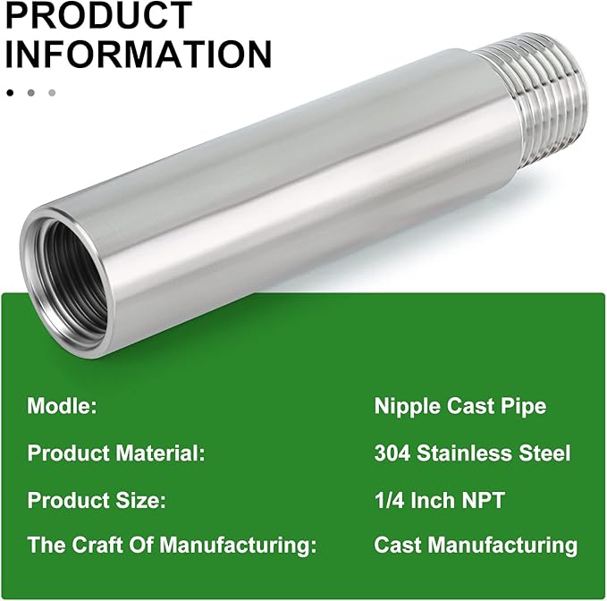 TAISHER 4PCS Stainless Steel Pipe Fittings, 1/4" NPT Male x 1/4" NPT Female Threaded, 4" Length Nipple Cast Pipe