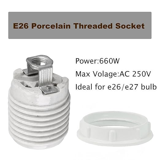 Porcelain Threaded Socket with Metal Shade Ring,JNXQWE Ceramic Medium Base Screw Socket with Hickey IPS 1/8-27,Glazed (3-Pack,Threaded)