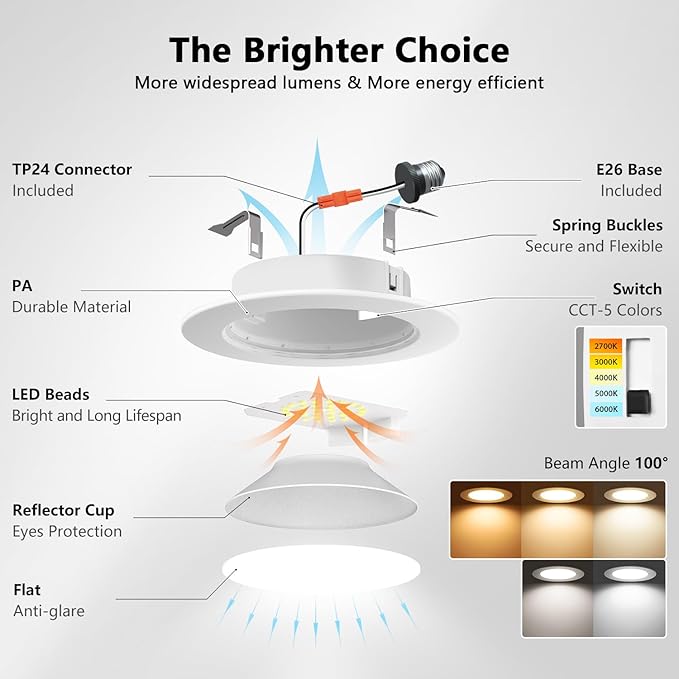 LVWIT 4 Inch LED Recessed Light, Recessed Can Lights Color Selectable 2700/3000/4000/5000/6000K 5CCT, 7W 700LM, Dimmable LED Can Lights with E26 Conversion Kit,Suitable for 4inch Can,6 Pack