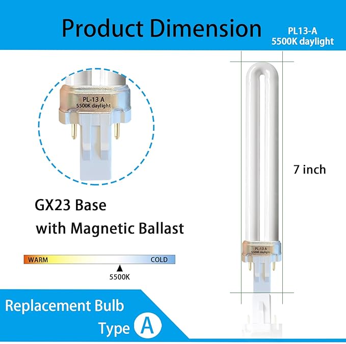 PL13-A-FFP 13W Type A Fluorescent Light Bulb with Magnetic Ballast,Replace for Ottlite Lamps Purchased Before 2008,T13330,5500K Bright Natural Daylight,GX23 Base,2Pack