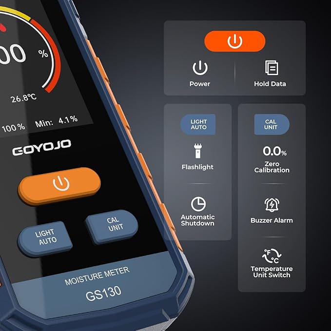 Pinless Wood Moisture Meter for Walls & Drywall | Digital Moisture Detector, Concrete Moisture Meter & Firewood Reader | GS130 USB-C Rechargeable Humidity Tester