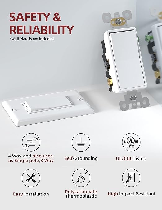 AIDA 50 Pack 4 Way Switch Decorative Light Switch, 15Amp, 120/277 Volt, 4 Way Decorative Light Rocker Switch Replacement, Self-Grounding, Residential and Commercial Grade, UL Listed