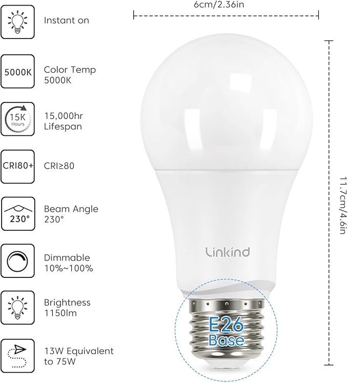 Linkind A19 LED Light Bulbs Dimmable, 75W Equivalent, E26 Base, 5000K Daylight, 13W 1150 Lumens 120V, UL Listed FCC Certified, LED Lights for Bedroom Living Room Home Office, 6 Packs
