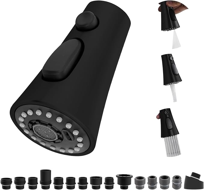 Hibbent Kitchen Sink Faucet Head Replacement, NSF/ANSI/CAN 61 & CUPC Certified, 3-Function Pull Down Sprayer Nozzle with 15 Adapters, Compatible with Delta, Kohler, Moen Faucet, Matte Black
