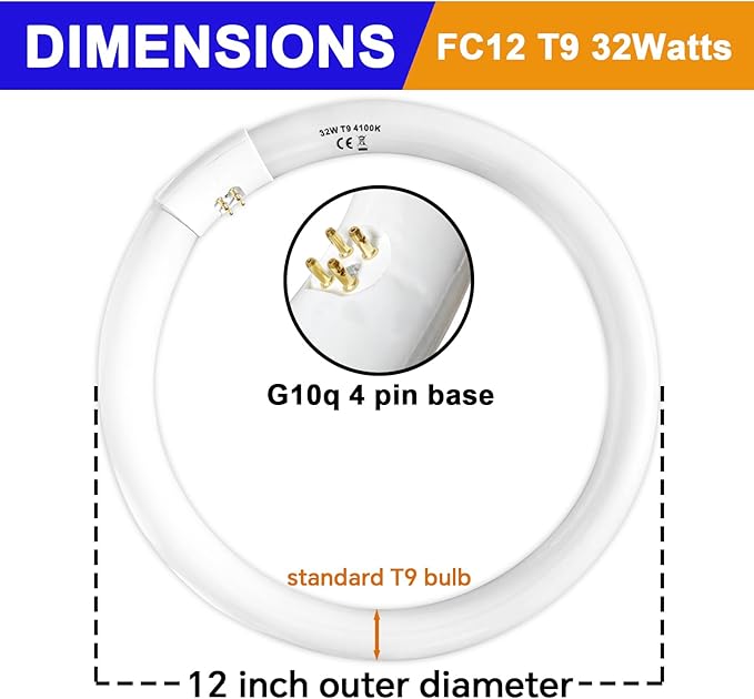 FC8T9/CW 22W and FC12T9/CW 32W Cool White Set, 8 inch T9 22 Watts Circular Light Bulbs, 12 inch 32 Watts Circline Fluorescent Bulb Round Ring Bulb CRI 80, G10q Prong