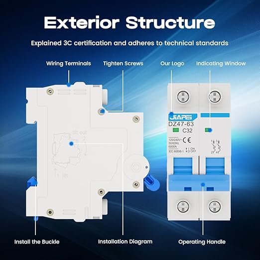 AC Miniature Circuit Breaker, 120V/240V 2 Pole 32 Amp DIN Rail Mount Circuit Breaker, MCB C32 Solar AC Disconnect Switch,Thermal Magnetic Trip