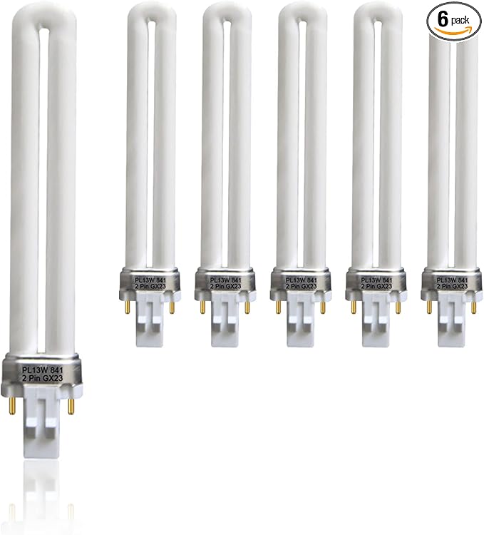(6 Pack) 13 Watt Single Tube 2 Pin GX23 Base,PL-13W GX23 4100K Compact Fluorescent Light Bulb, Replaces Philips PLS13W41, Sylvania CF13DS/841/ECO,PL13/SP41K