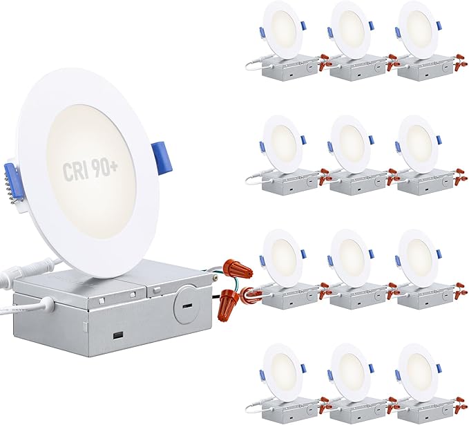 TORCHSTAR Basic Series 12-Pack 4 Inch Ultra-Thin LED Recessed Lighting with Junction Box, CRI90, Aluminum, 4000K Cool White, 5%-100% Dimmable Slim Recessed Downlight, 9W 810LM, ETL and Energy Star