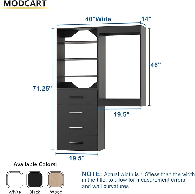 Modular Closet, 40" Wide Wardrobe Organizer with Tower and Drawers, Wood, Wall Mounted, Bedroom, Black
