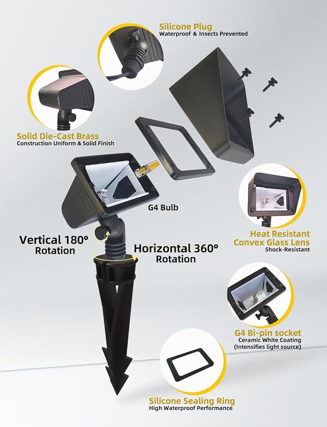 COLOER Brass Rectangular Flood Lights 6 Pack with 4W 2700K LED G4 Bulb, 12V Low Voltage Landscape Floodlights for Outside, Outdoor Wall Lights Illuminating Signs, Walls and Plant Material