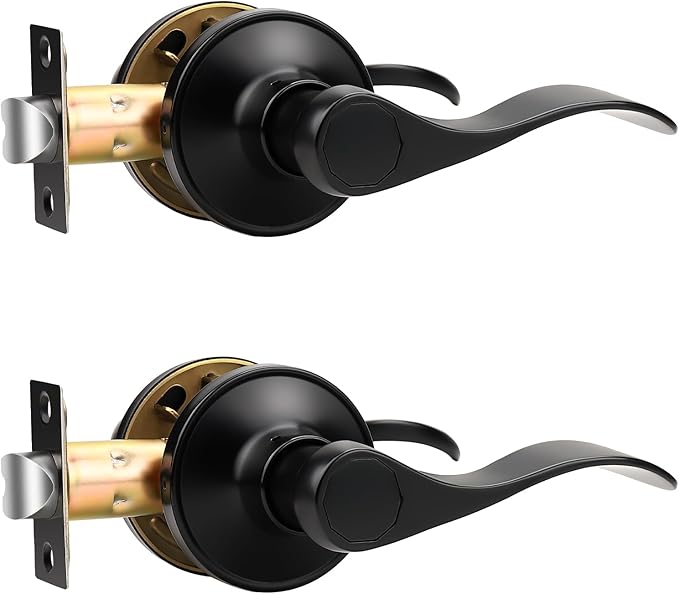 Knobonly 2 Pack Matte Black Pasage Door Levers Interior Door Handles for Hallyway andCloset Door Knobs Keyless Black Door Handles with Lock, Zinc Alloy Reversible for Right/Left