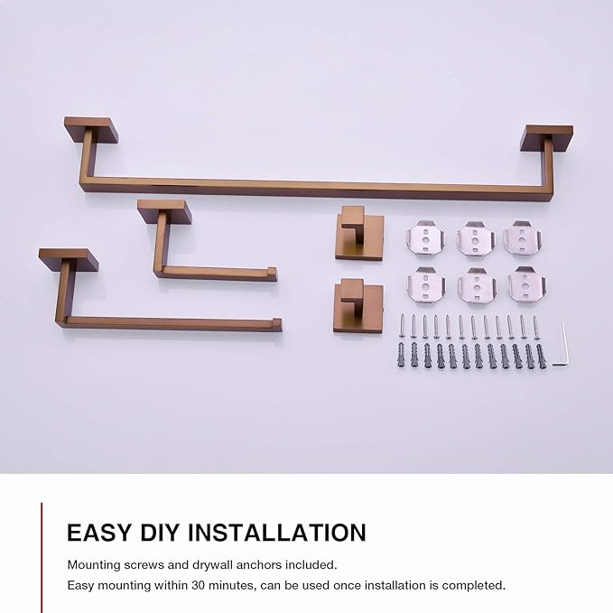 TRUSTMI Contemporary 5-Pieces Bathroom Hardware Set Towel Bar Robe Hook Toilet Roll Paper Holder, SUS 304 Stainless Steel Wall Mounted, Brushed Rose Gold