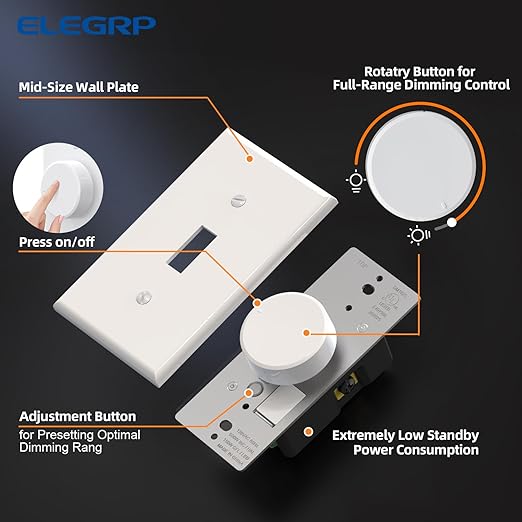 ELEGRP Digital Rotating Dimmer Switch for Dimmable LED, CFL and Incandescent Light Lamp Bulbs, Single Pole / 3-Way Rotary Dimmer Switch, Wall Plate Included, UL Listed (10 Pack, Matte White)