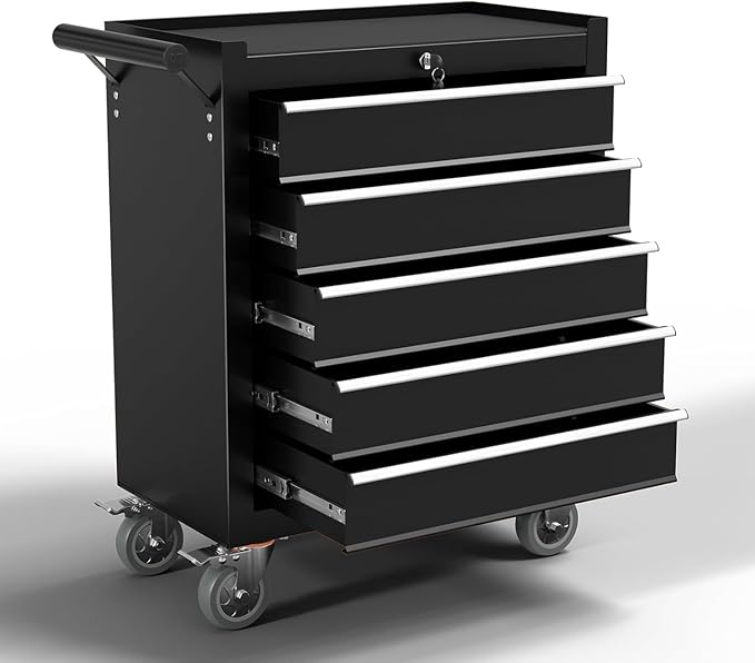 5-Drawer Metal Rolling Tool Chest with Wheels,Tool Storage Cabinet with Locking System，Toolbox with Wheels for Garage, Warehouse, Workshop, Repair Shop (Black, 5Drawer)