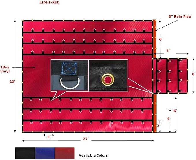 Mytee Products 20' x 27' Flatbed Truck 18 Oz Lumber Tarp with 6 FT Drop - Red Heavy Duty Vinyl Waterproof Tarp for Trailers to Protect Cargo from Wind, Rain, Snow and Sun